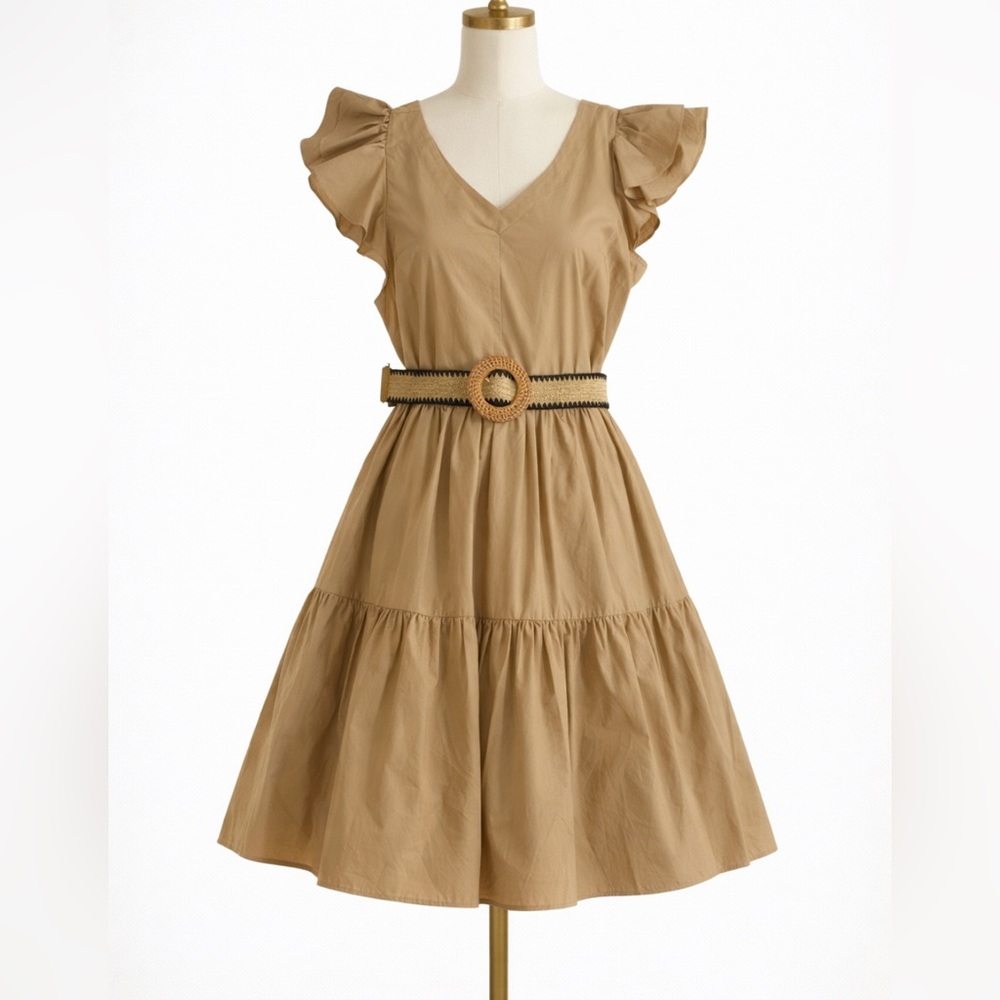 New Gibson Latimer Tan Flutter Sleeve V-Neck Dress, Size Large